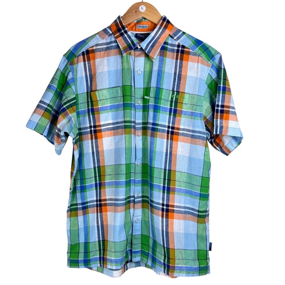 Columbia PFG Linen Blue Green Orange Plaid Button Up Short Sleeve Fishing Shirt